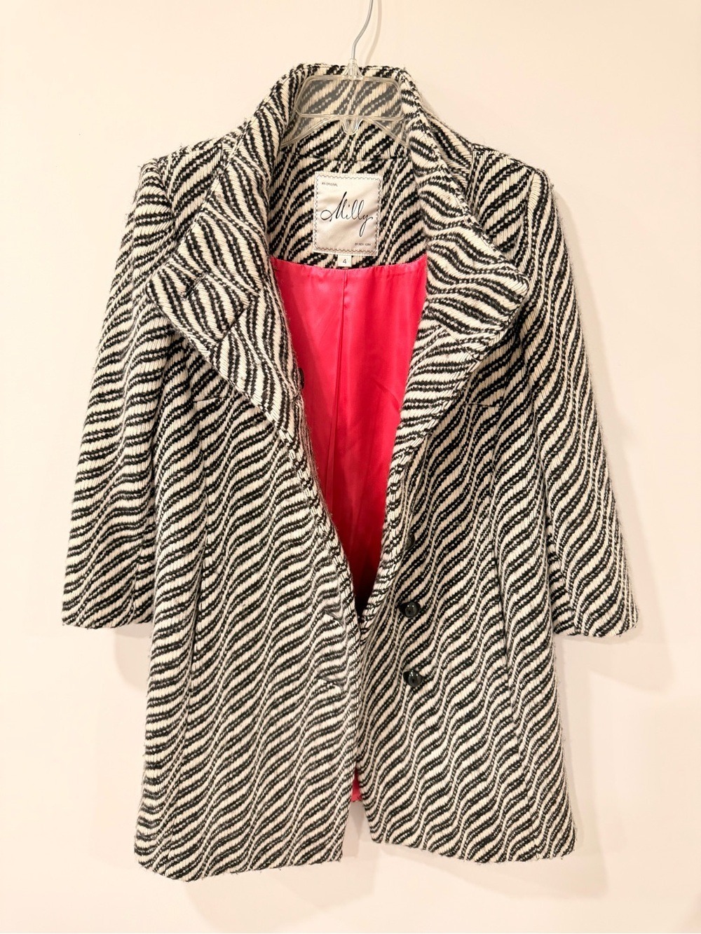 Milly of New York Textured Wool Black Ivory Zig Zag Pattern  Coat Size 4